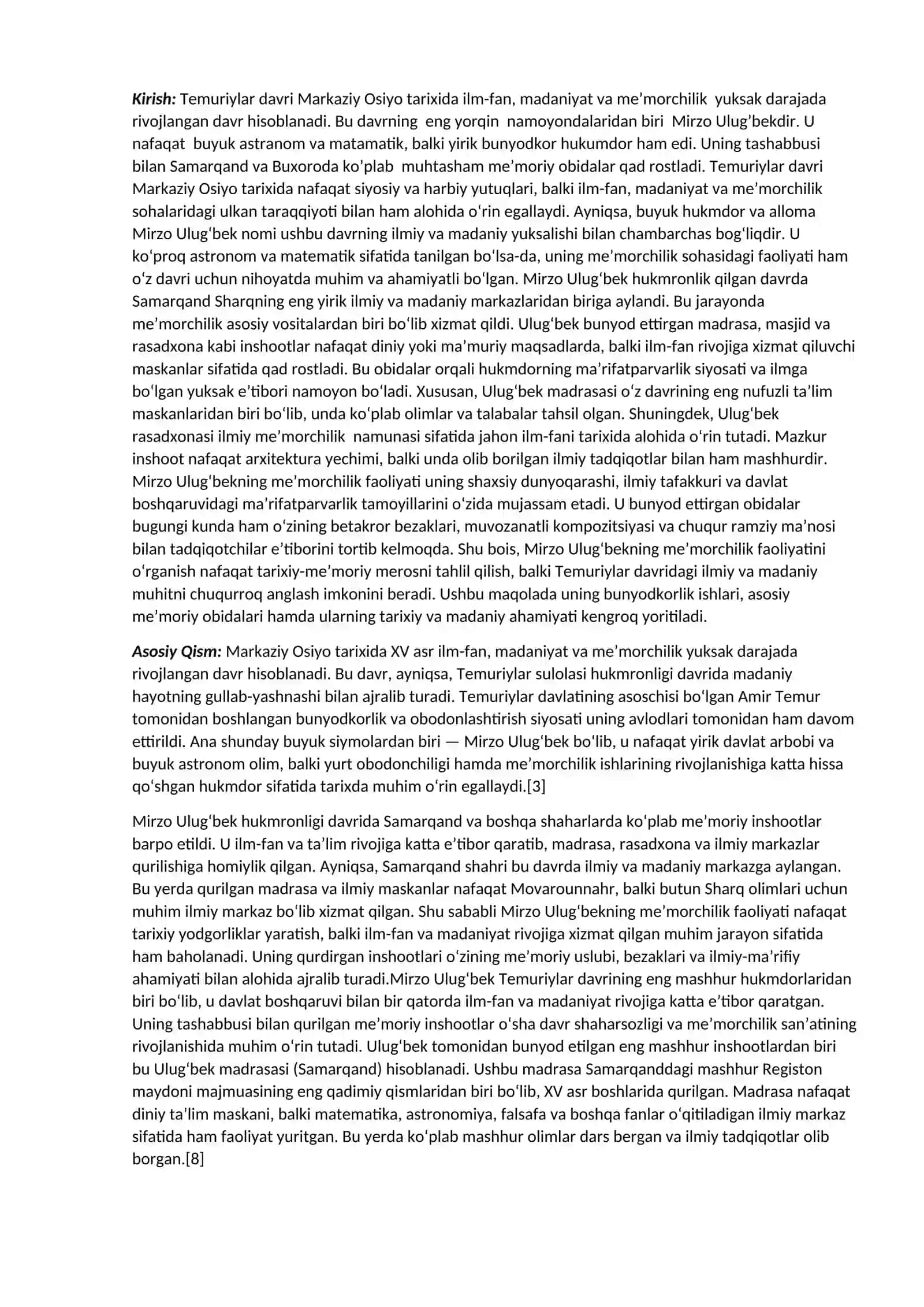 Mirzo Ulug'bekning me’morchilik sohasidagi faoiliyati 2