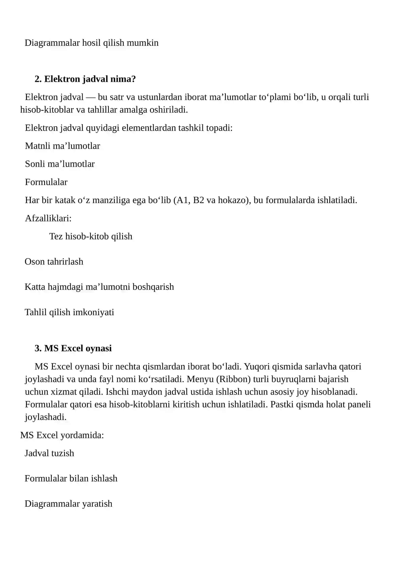 MS Office dasturlarida elektron jadvallar, tahlillar yuritish, diagrammalar hosil qilish 2