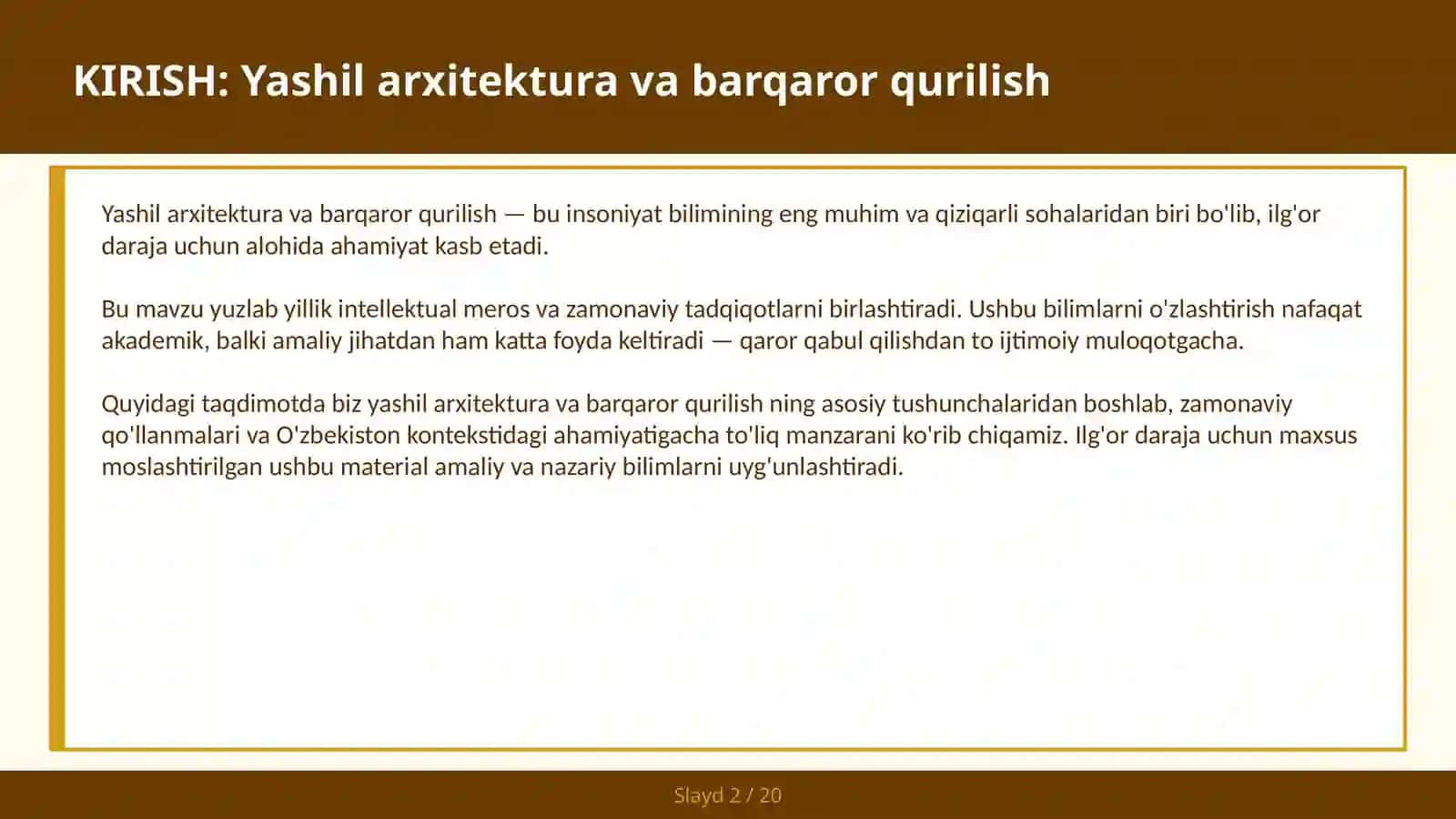Yashil arxitektura va barqaror qurilish 2
