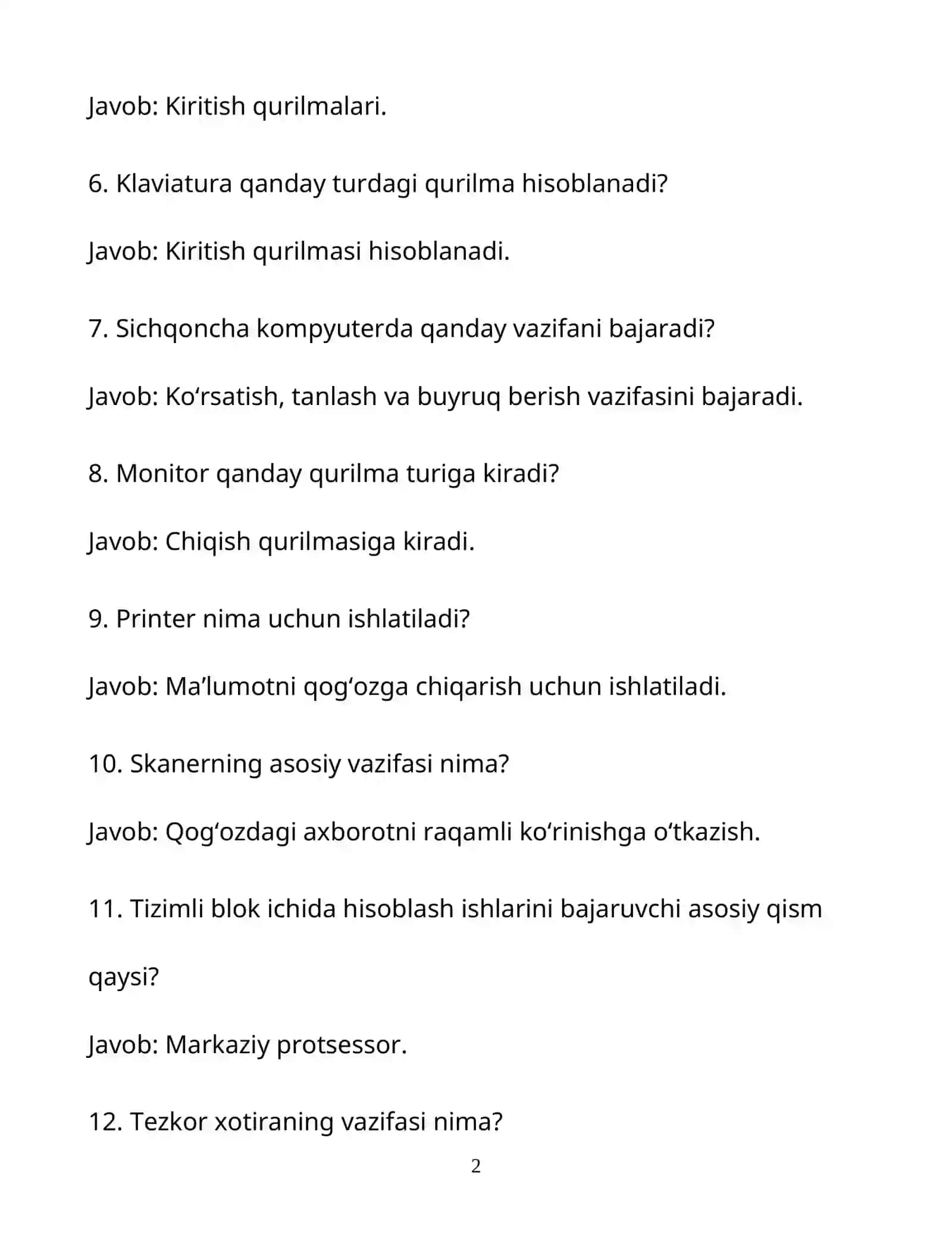 Axborot texnologiyalari bo‘yicha test savoli va javoblari 2