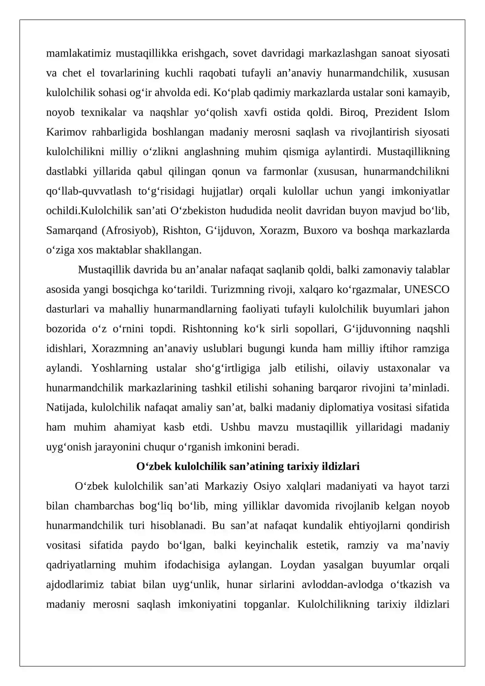 Mustaqillik yillarida kulolchilik san’ati tarixi 2