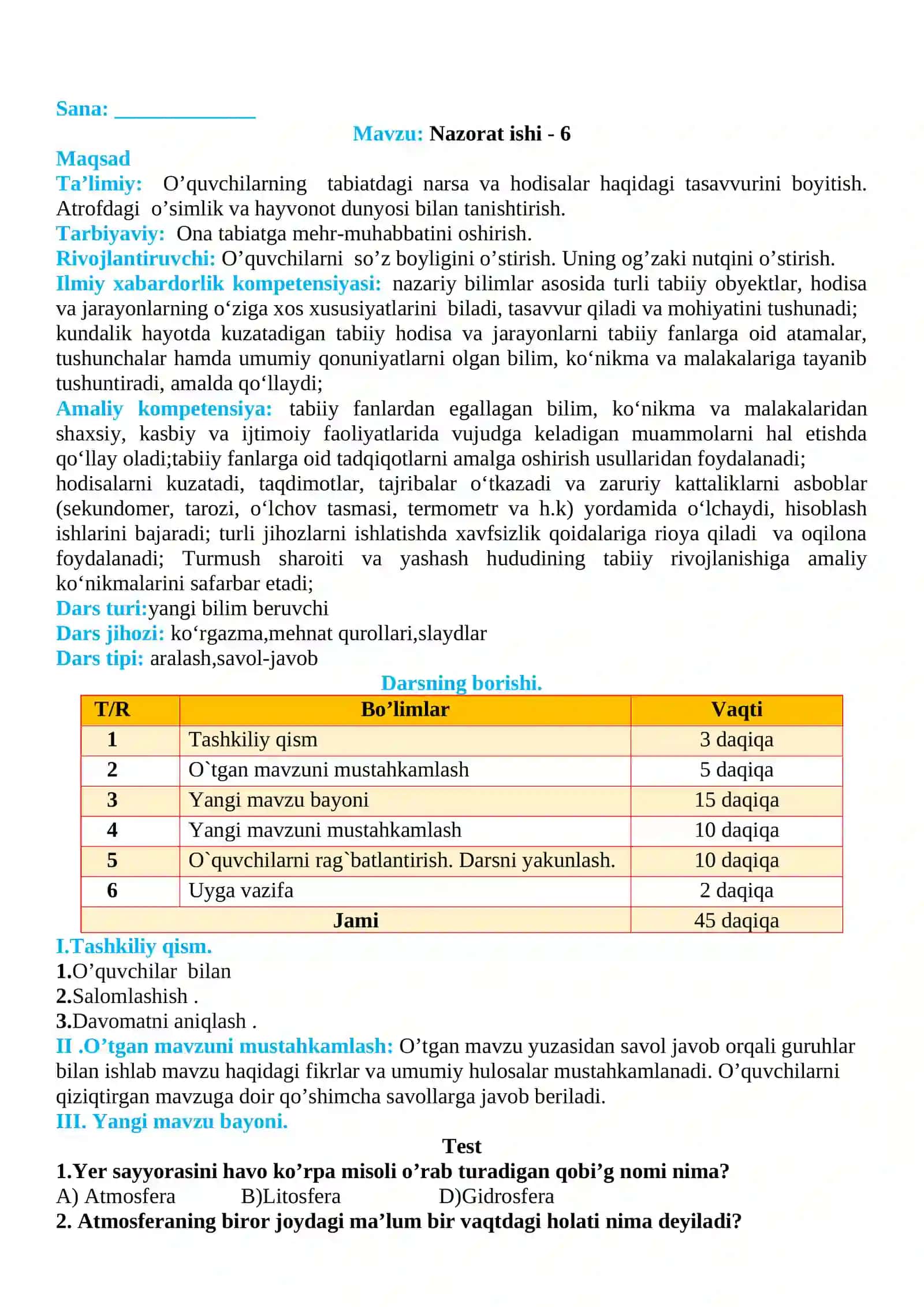 3-sinf Tabiiy fan (Science) 6-Nazorat ishi 2