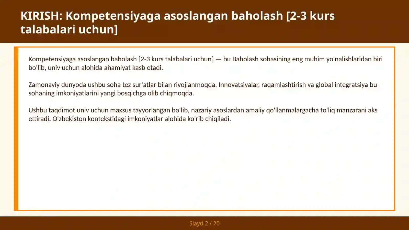 Kompetensiyaga asoslangan baholash [2-3 kurs talabalari uchun] 2