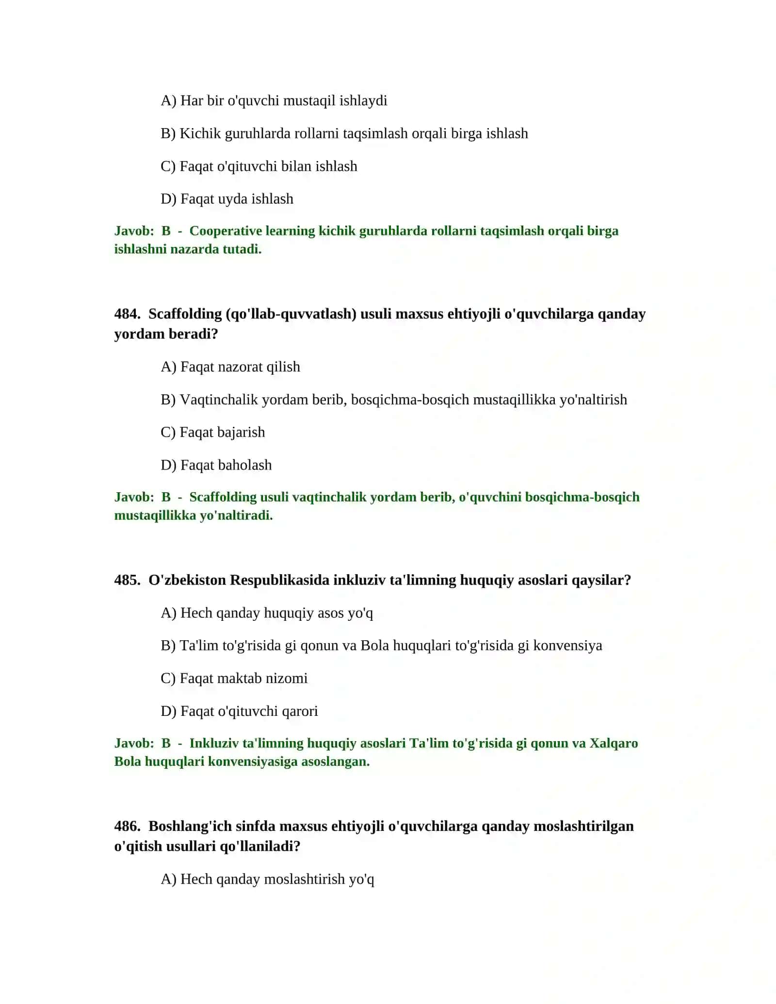 BOSHLANG'ICH TA'LIM O'QITUVCHISI TEST SINOVLARI 2