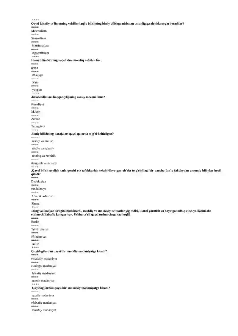 FALSAFA FANIDAN TEST SAVOLLARI 2