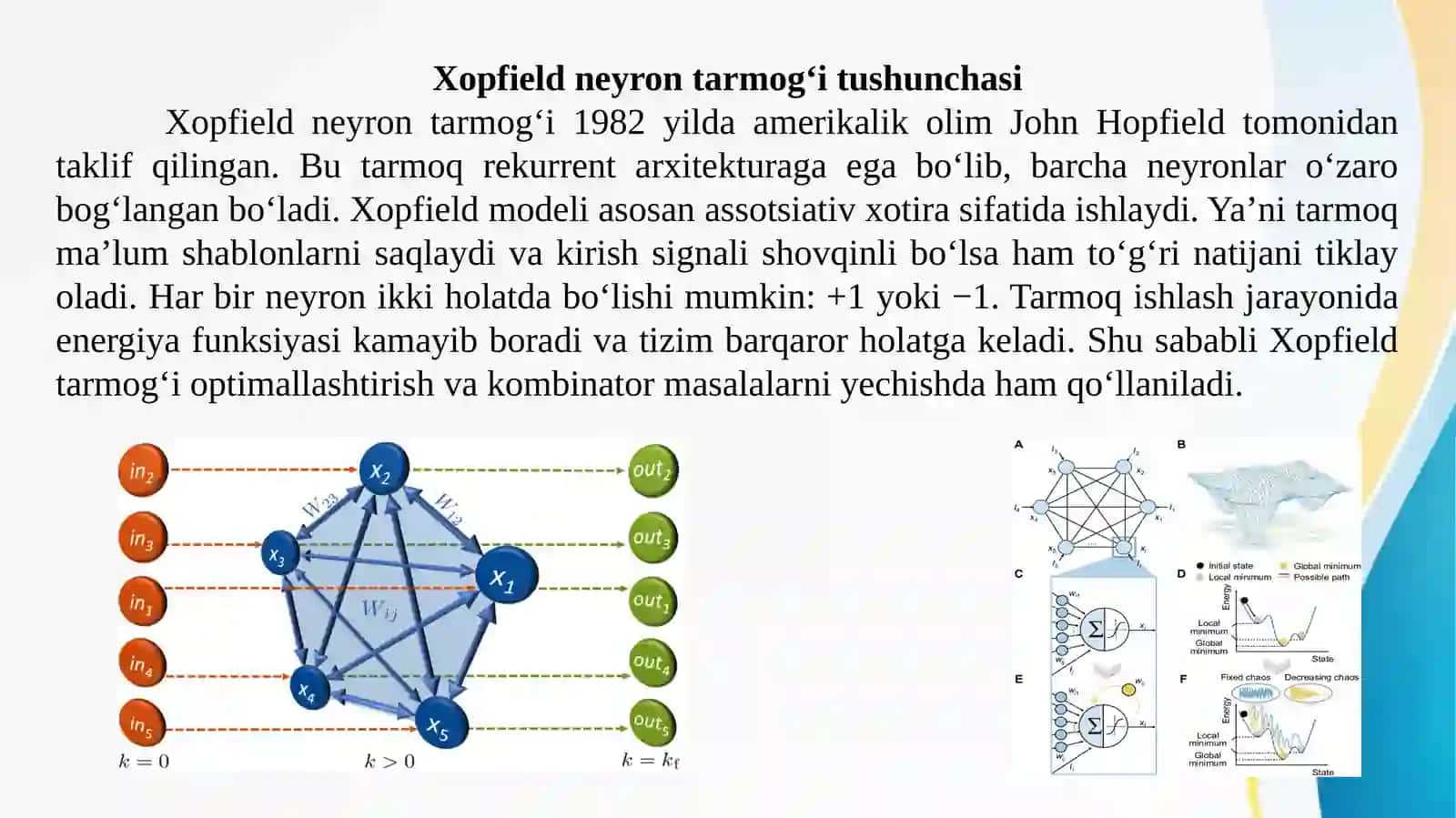 Xopfild va Xemming neyron to’rlari 2