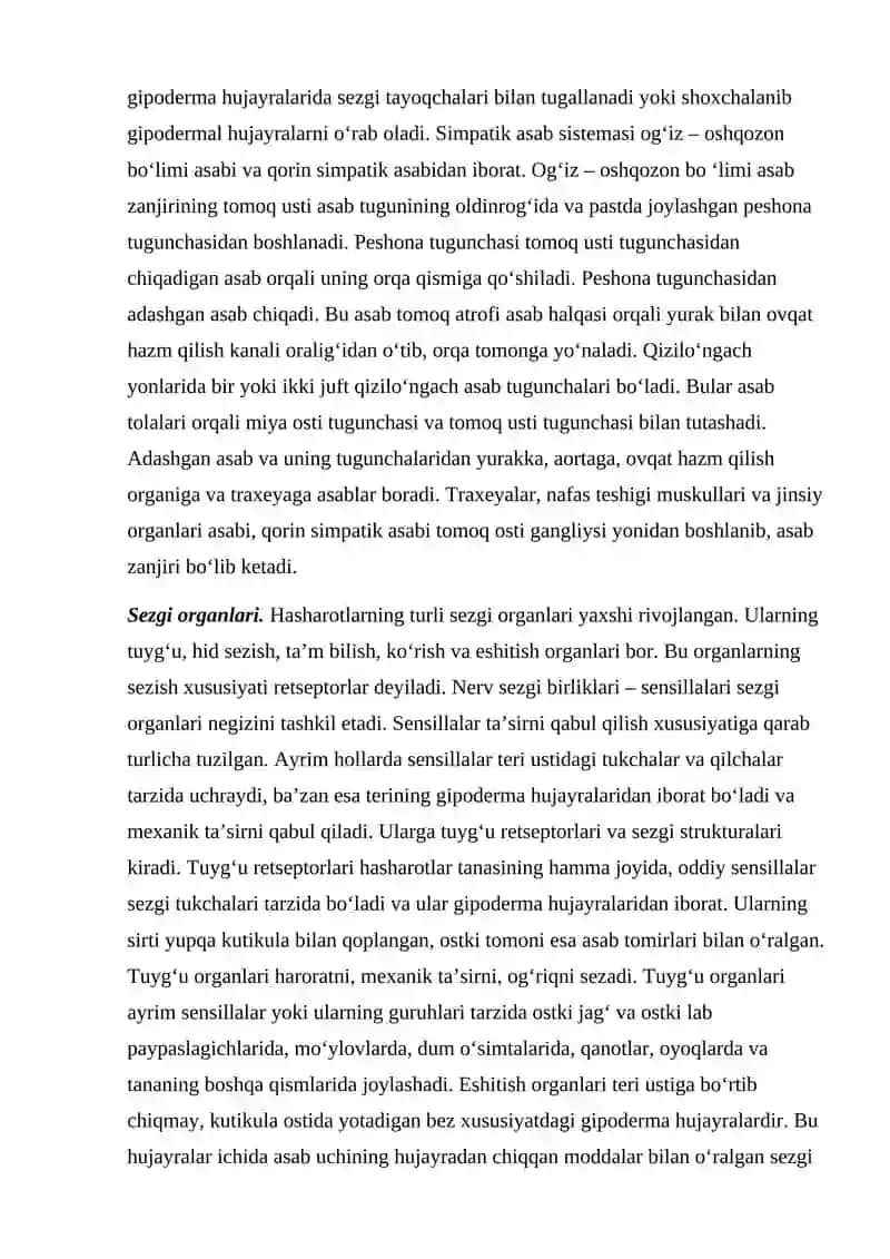Hasharotlarning asab sistemasi va sezgi organlari. 2