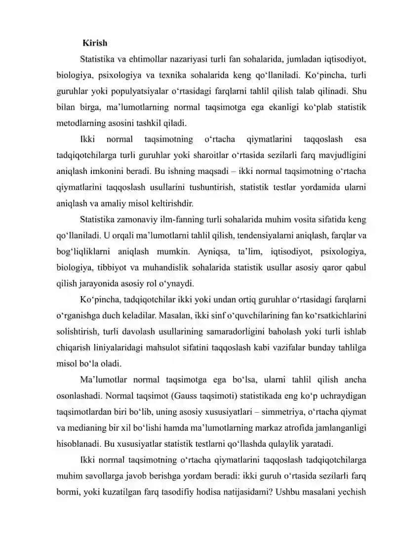 IKKI NORMAL TAQSIMOTNING O‘RTACHA QIYMATLARINI TAQQOSLASH 2