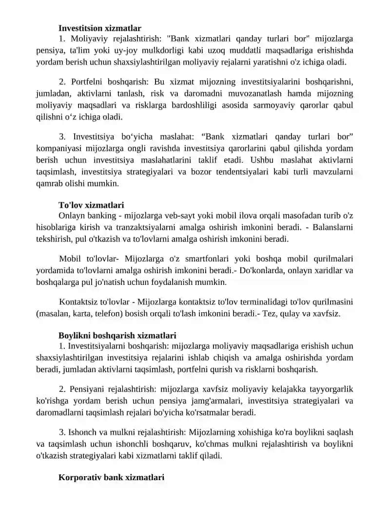Bank Xizmatlari Qanday Turlari Bor? 2