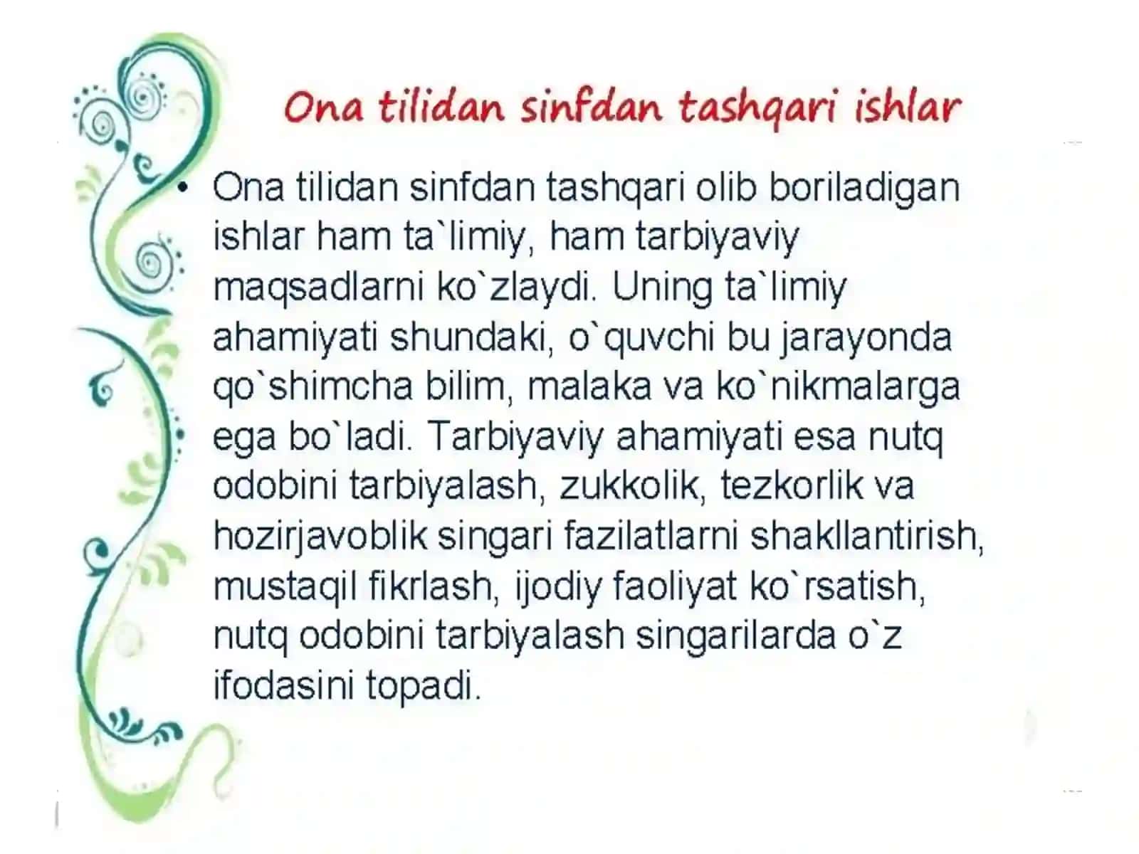 SAVOD O’RGATISH DAVRIDASINFDANTASHQARI ISHLARNI TASHKIL QILISH 2