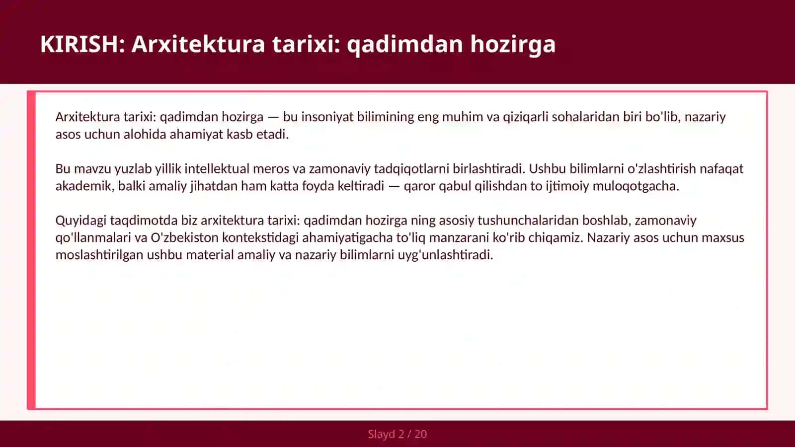 Arxitektura tarixi: qadimdan hozirga 2