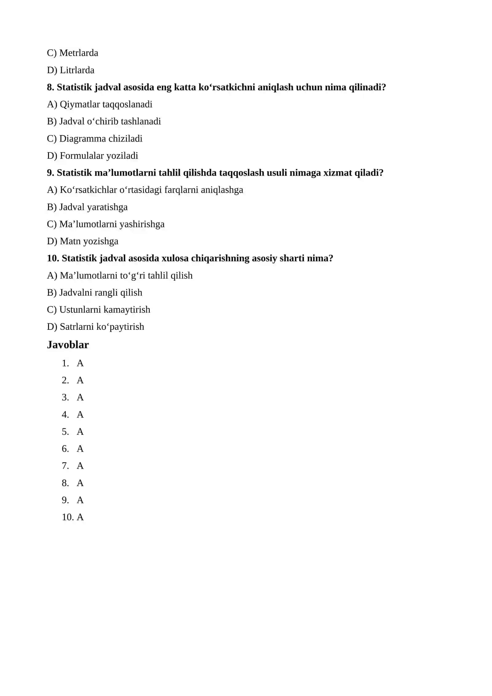 Statistik jadvallar yordamida ma’lumotlarni tahlil qilish test 2