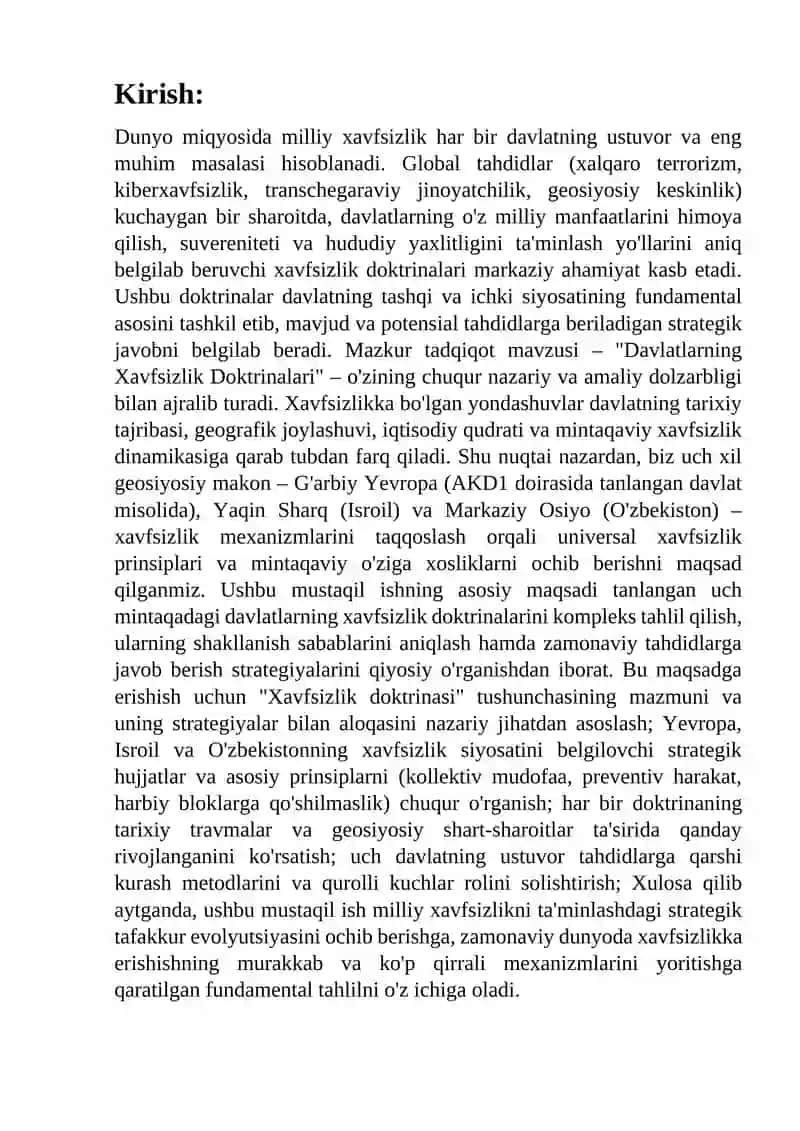 Davlatlarning xavfsizlik doktrinalari (AKD1 Yevropa mamlakatlari Isroil, O'zbekiston) 2