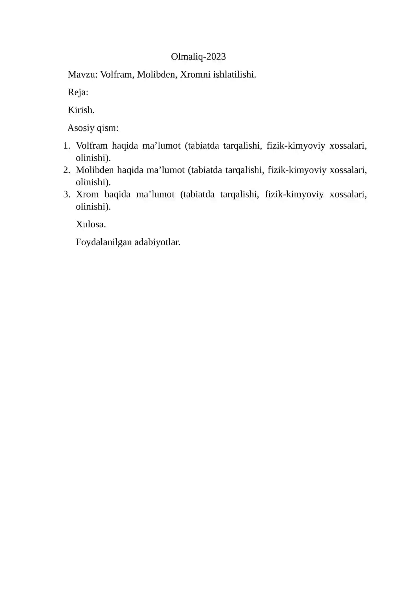 Volfram, Molibden, Xrom ishlatilishi 2