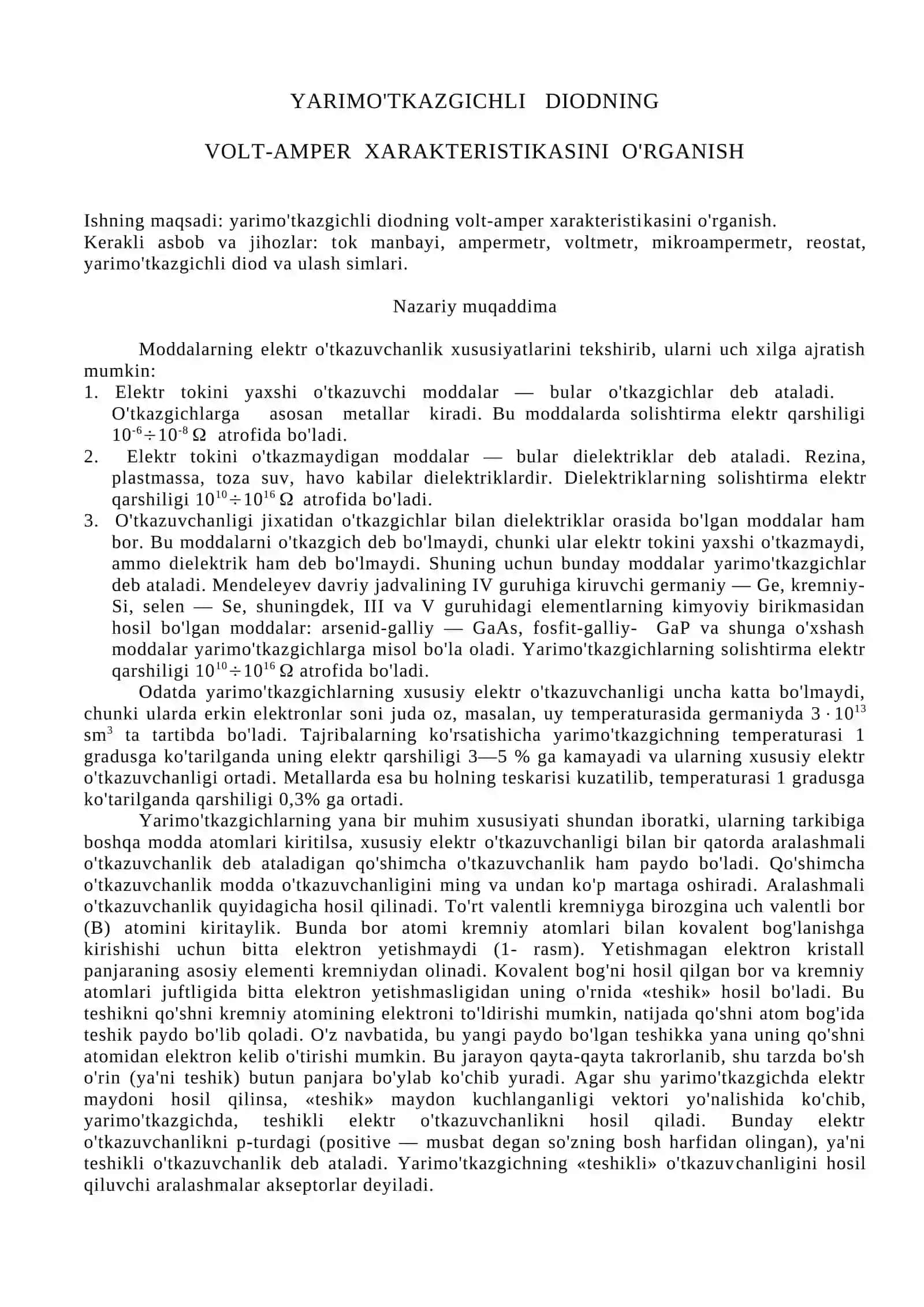 Yarimo'tkazgichli diodning Volt-Amper xarakteristikasi 2