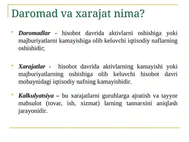 Xarajatlar va ularning klassifikatsiyasi. 2