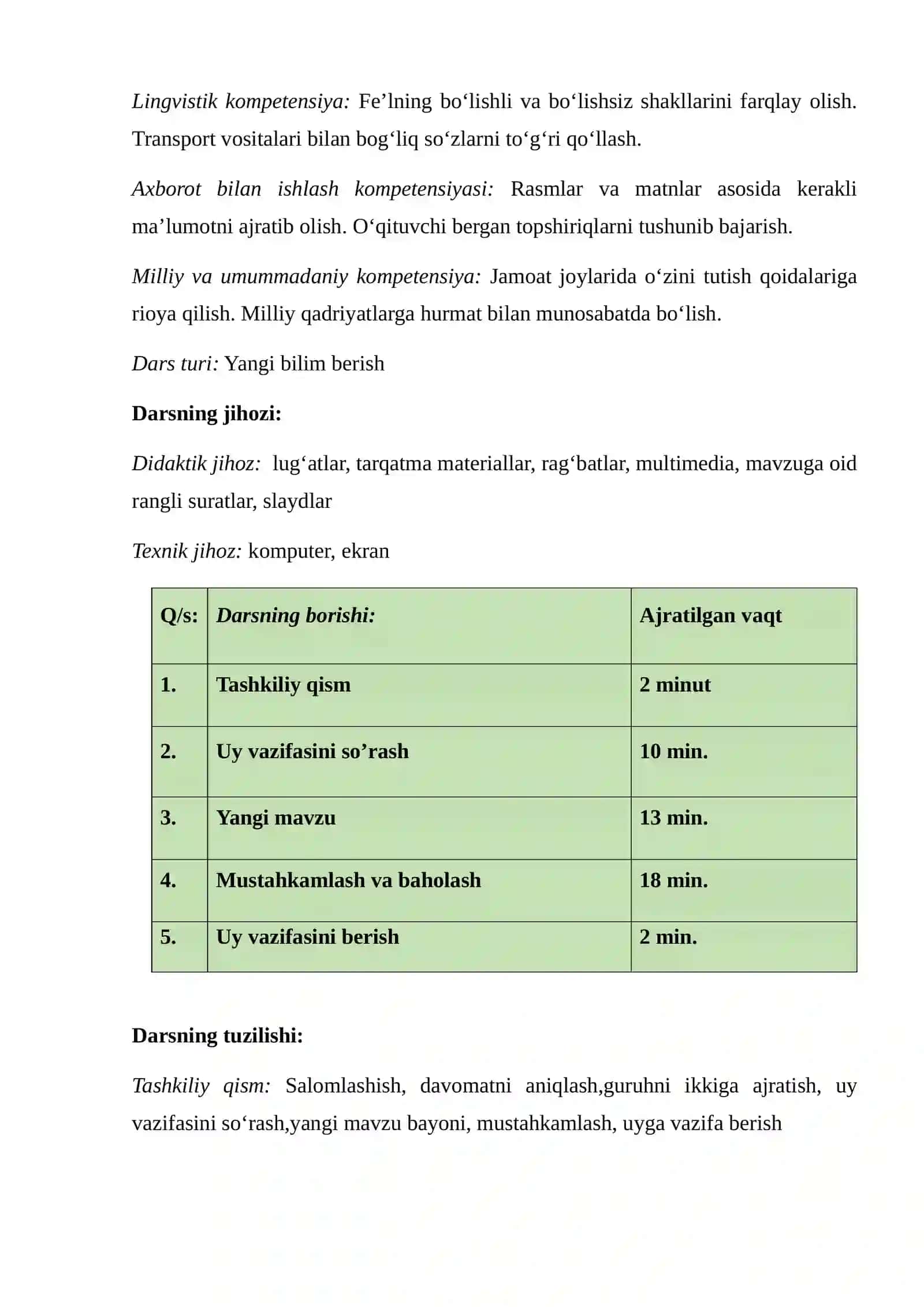 Transport vositalari dars ishlanma 3-sinf o'zbek tili 2