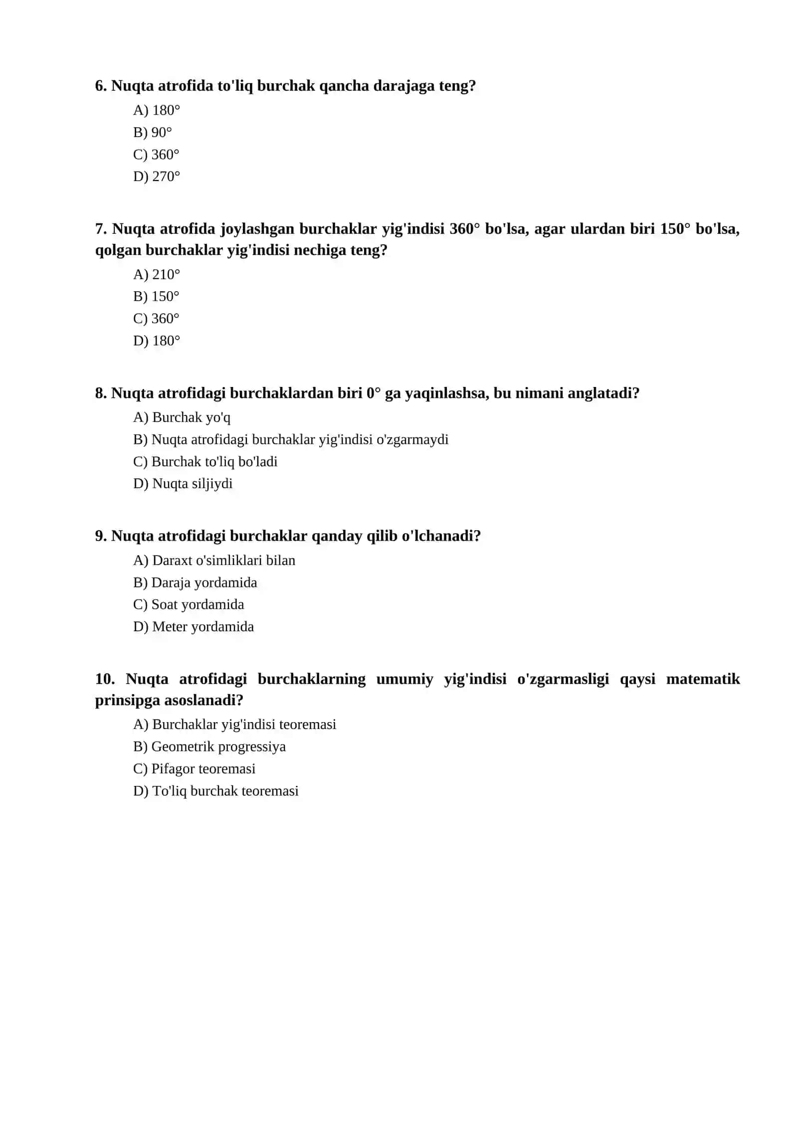 Nuqta atrofidagi burchaklar bo'yicha test 2