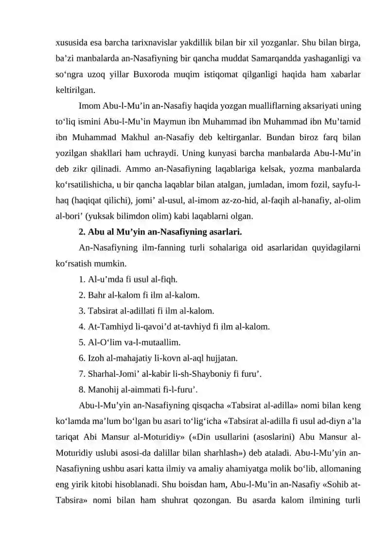 Abu al-Mu'yin an-Nasafiyning ilmiy merosi 2