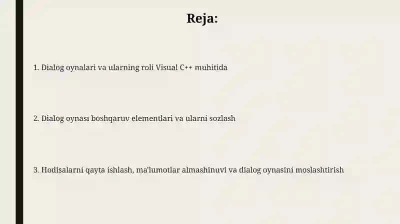 Dialog oynalari va ularning roli Visual C++ muhitida 2