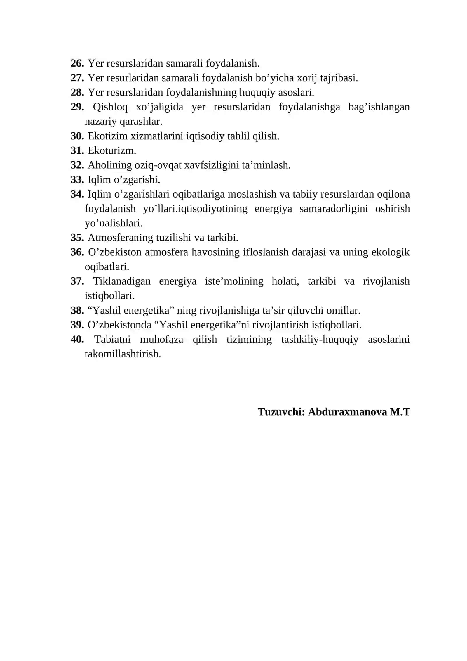 Atrof-muhit va tabiiy resurslar iqtisodiyoti fanidan Mustaqil ta’lim mavzulari 2