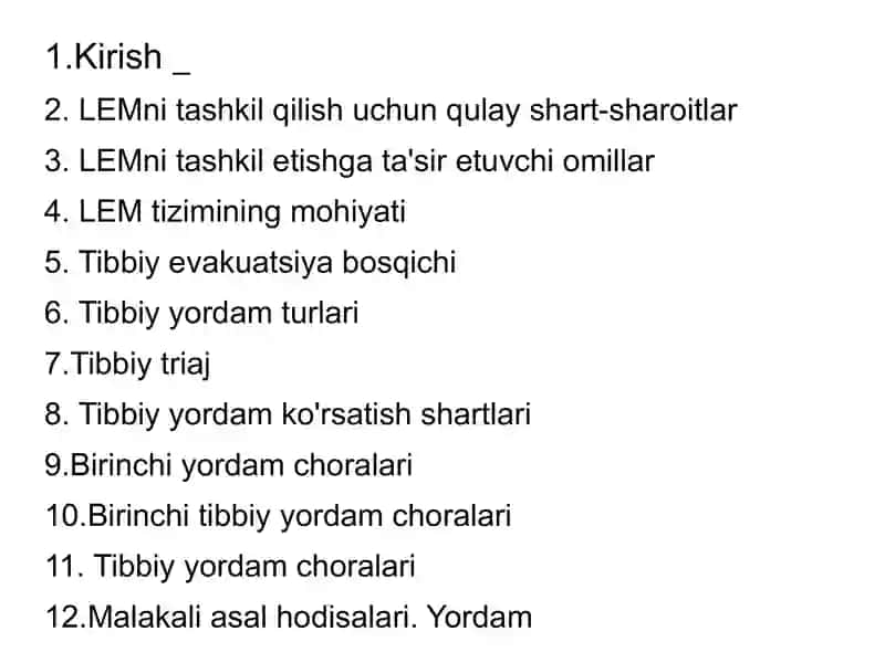 Tibbiy va Evakuatsiya Yordamini Tashkilitish 2