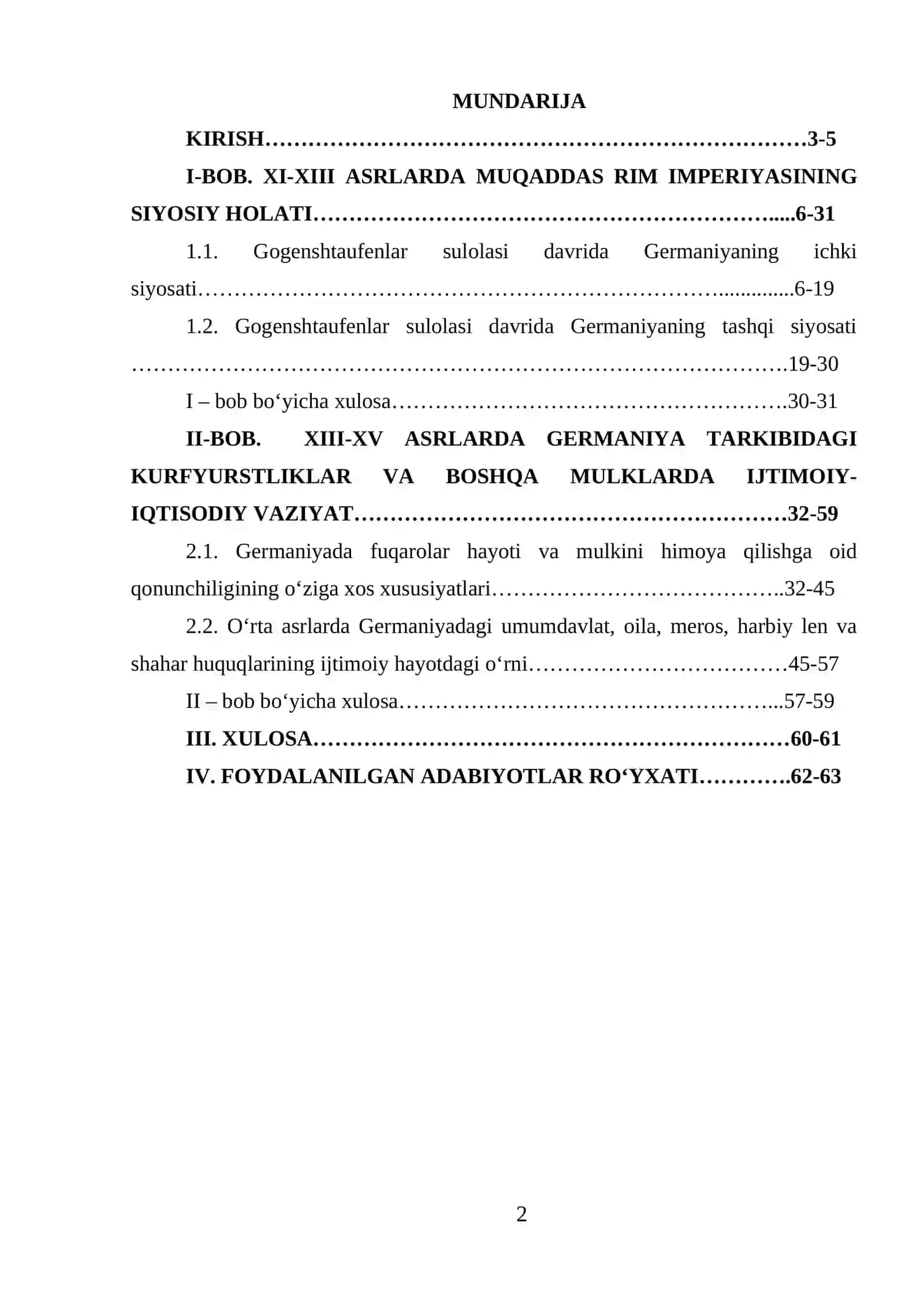 XI-XV ASRLARDA GERMANIYANING IJTIMOIY-SIYOSIY AHVOLI mavzusidagi BITIRUV MALAKAVIY ISHI 2