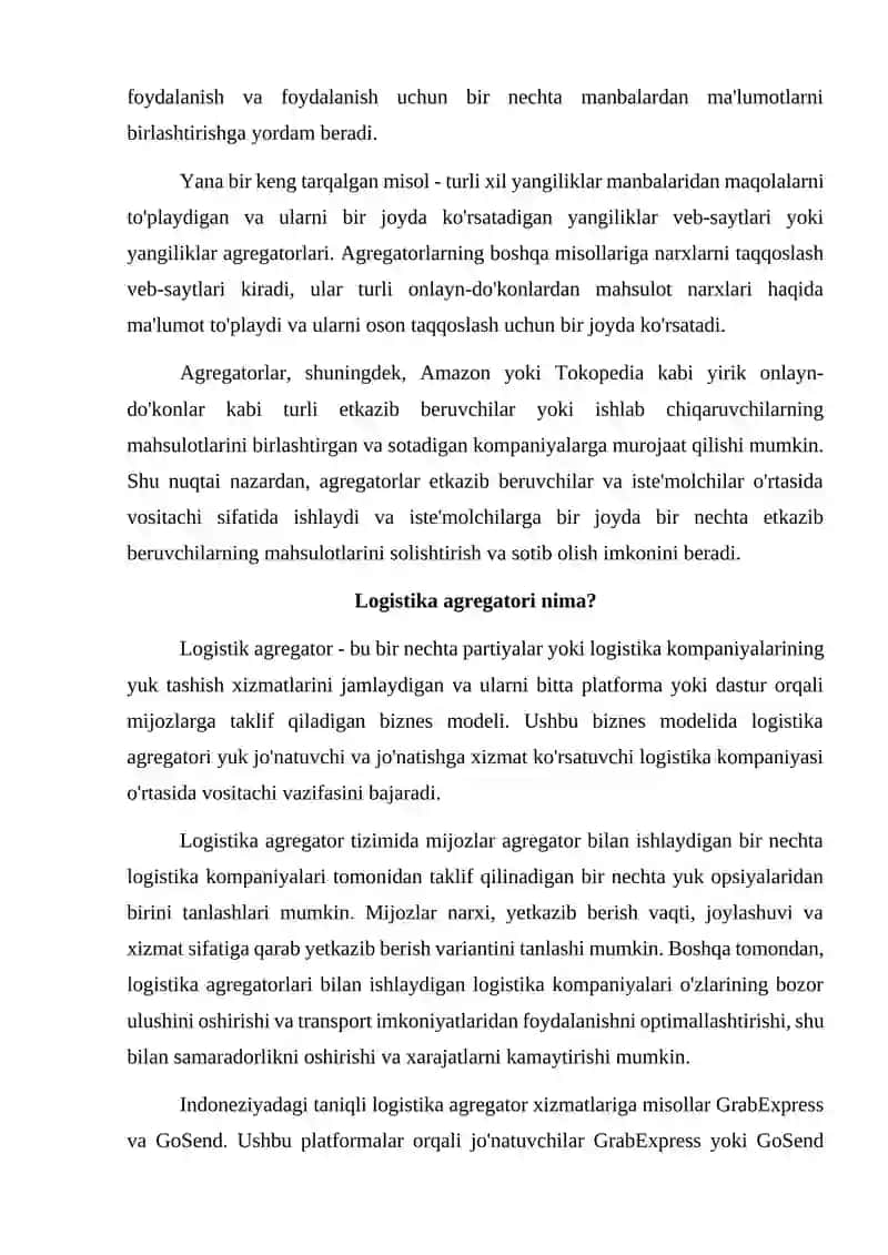 Andijon viloyati Jalaquduq tumanida logistikani rivojlantirish va yuk avtomobillarini onlayn agregator dasturidan foydalanib ishlatishni tashkil etish. 2