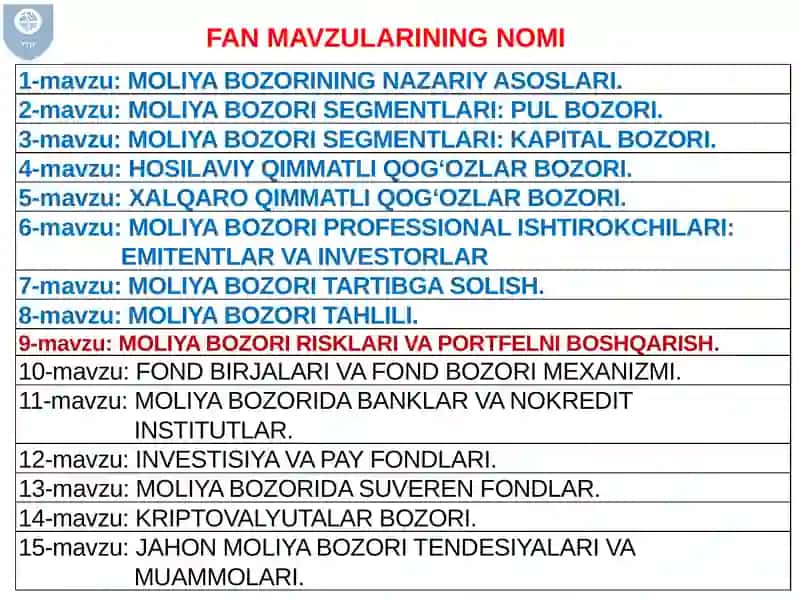 MOLIYA BOZORI RISKLARI VA PORTFELNI BOSHQARISH 2