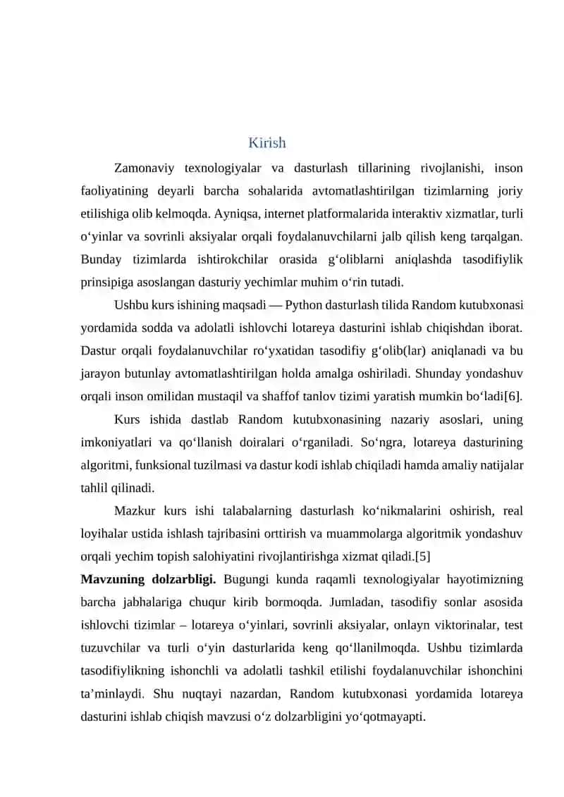 Random kutubxonasi yordamida lotareya dasturi 2