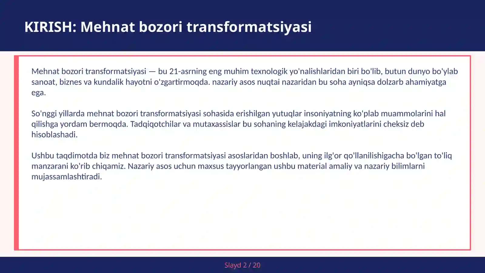 Mehnat Bozori Transformatsiyasi 2