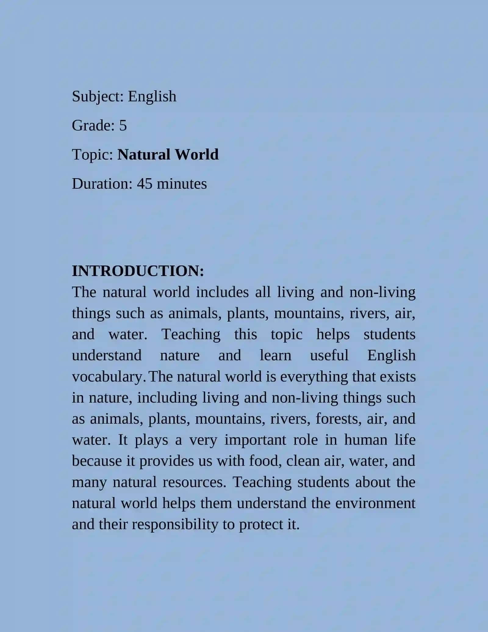 Natural World mavzusida dars ishlanmasi 2