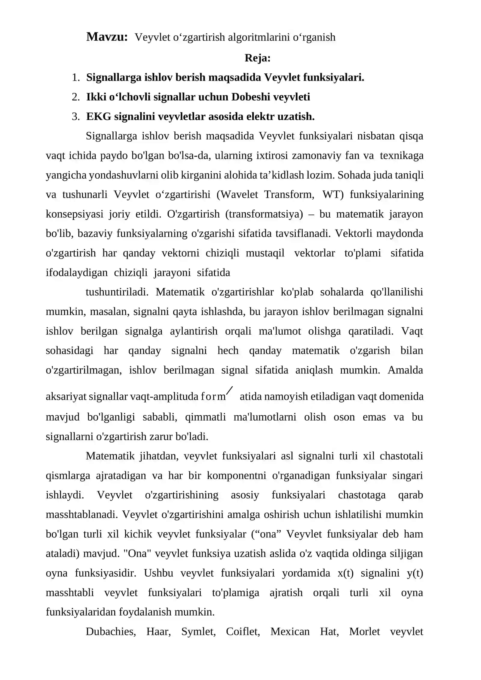 Veyvlet o‘zgartirish algoritmlarini o‘rganish 2