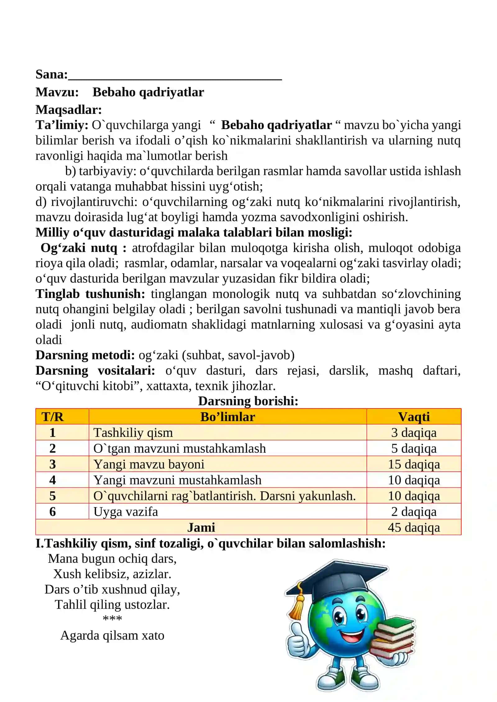 Bebaho qadriyatlar mavzusida 2-sinf O'qish fanidan dars ishlanmasi 2
