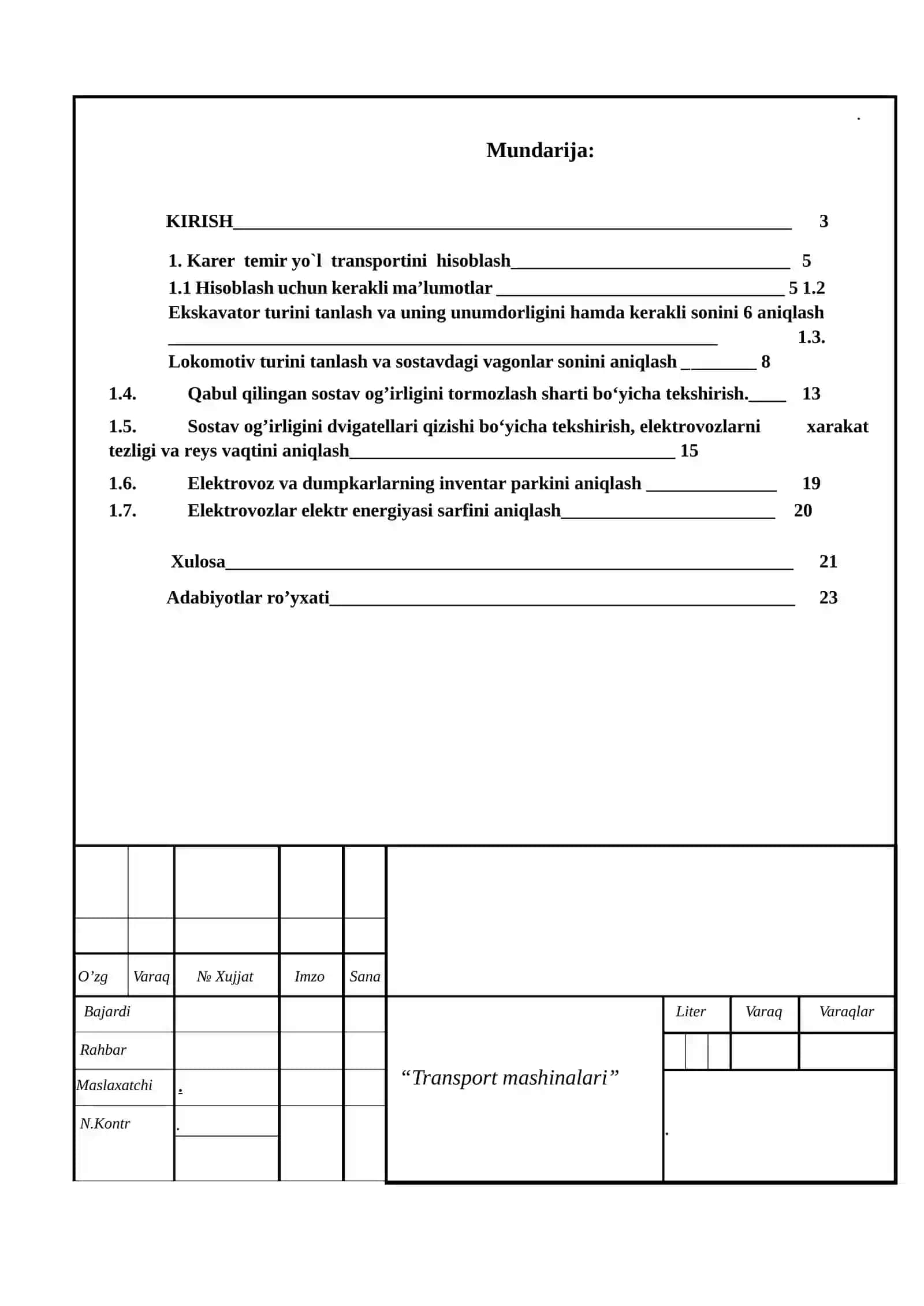 Transport mashinalari kurs loyiha karyer transportini hisoblash 2