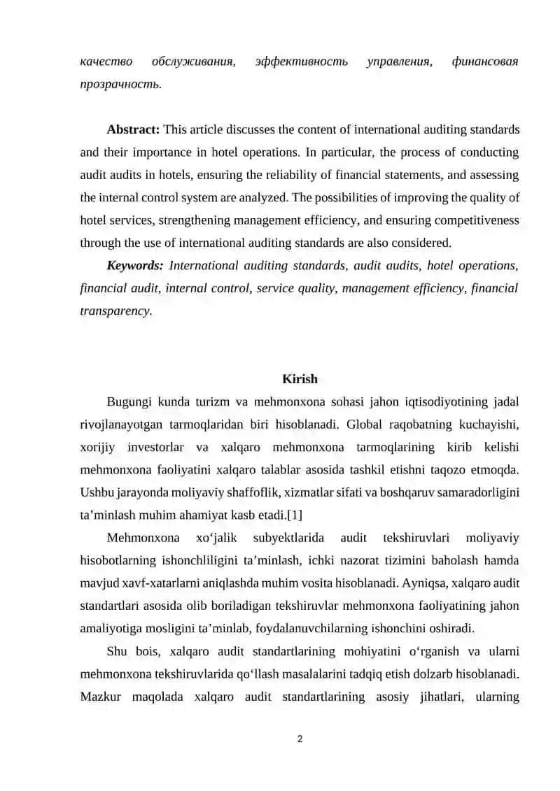Xalqaro Audit Standartlari va Mehmonxona Tekshiruvlari 2