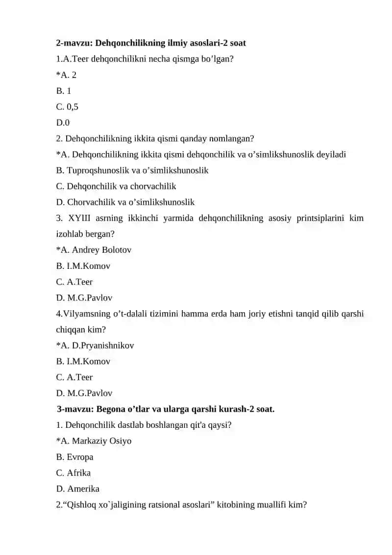 Umumiy dehqonchilik va o’simlikshunoslik fanidan test 2