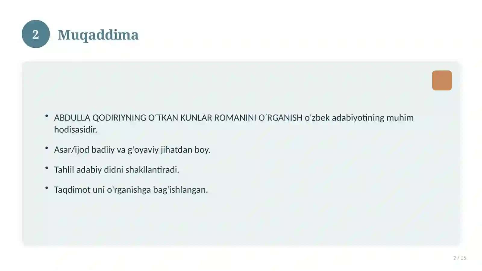ABDULLA QODIRIYNING OʻTKAN KUNLAR ROMANINI OʻRGANISH 2