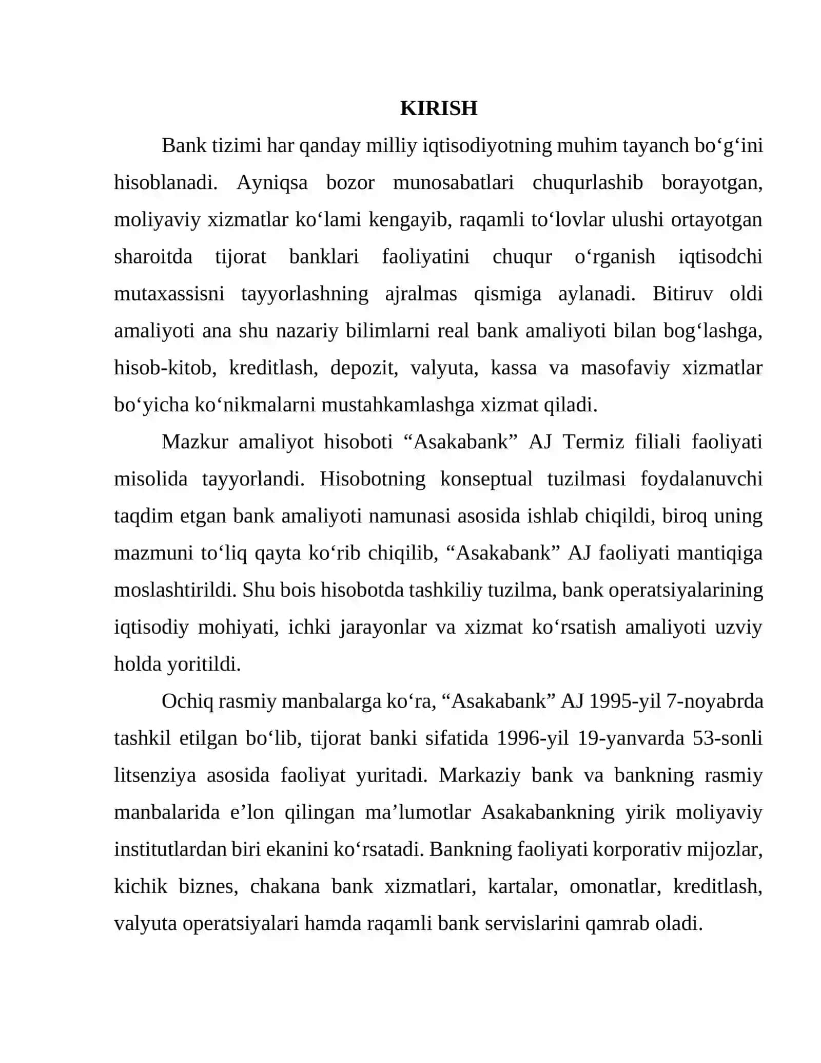 “ASAKABANK” AJ TERMIZ FILIALI AMALIYOT HISOBOTI 2