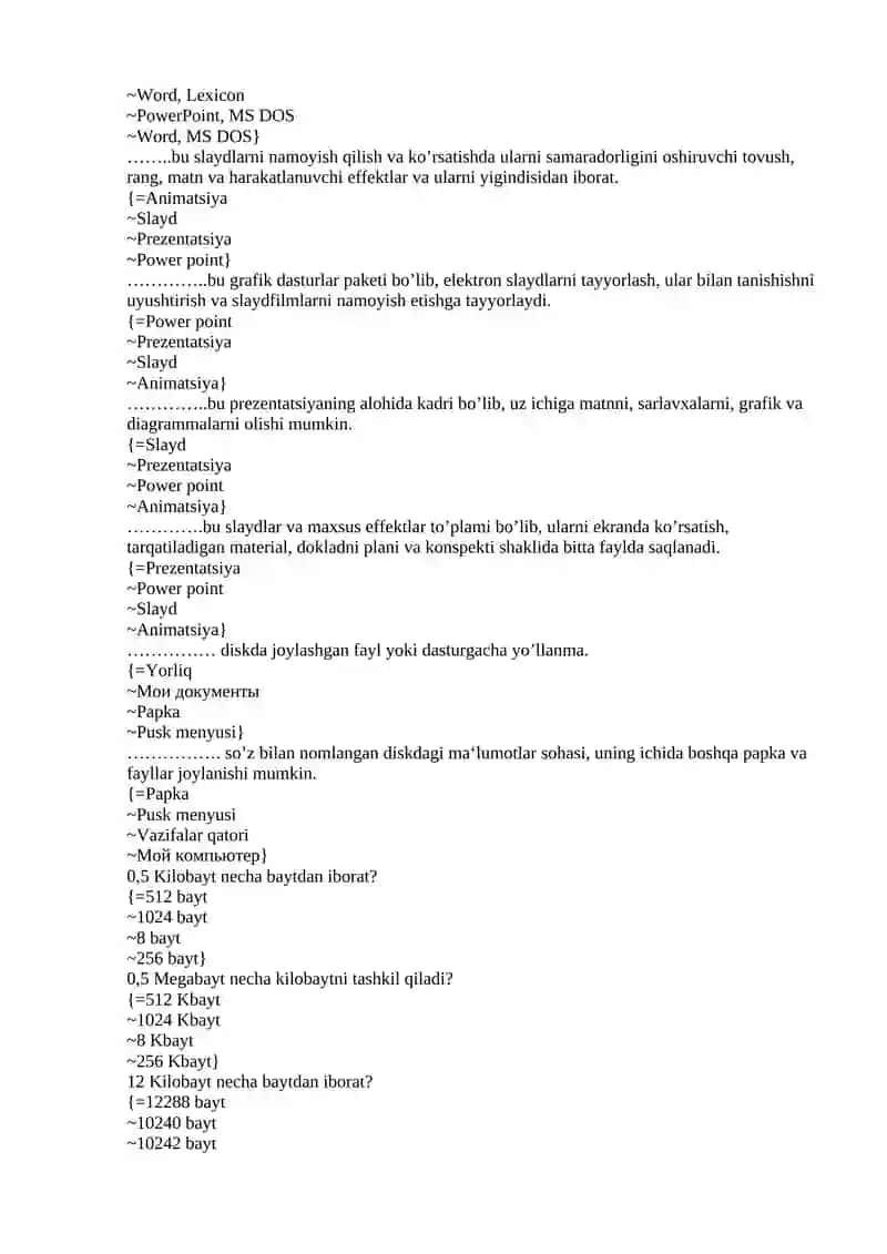 Informatika fanidan  400 ta test savollari va javoblari. 2
