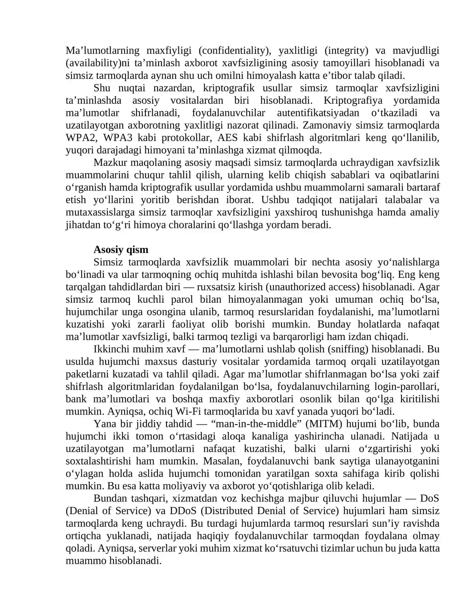 Simsiz tarmoqlarda xavfsizlik muammolari va ularning yechimlari. Kriptografik usullar yordamida simsiz tarmoqlarni himoyalash 2