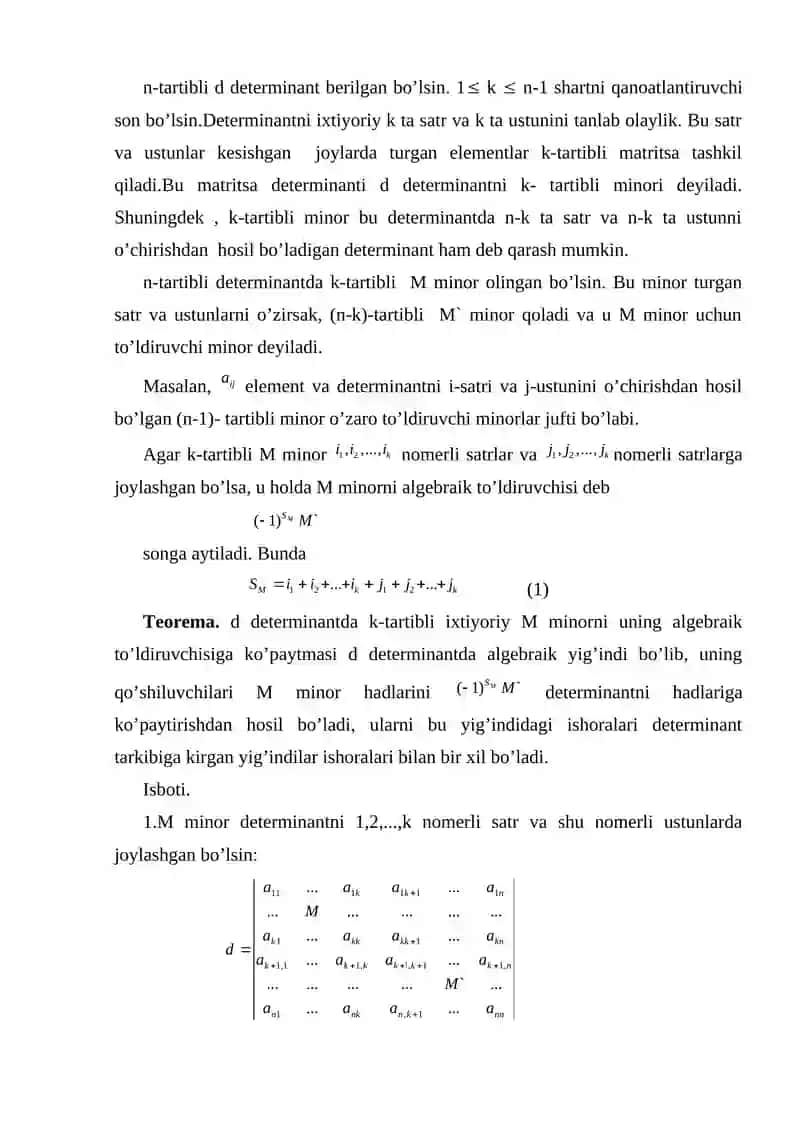 Minorlar va algebraik to'ldiruvchilar 2