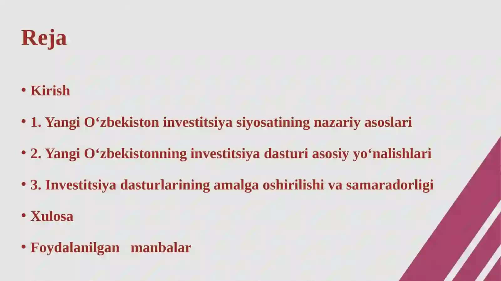 Yangi O‘zbekistonning investitsiya dasturi yo’nalishlari 2