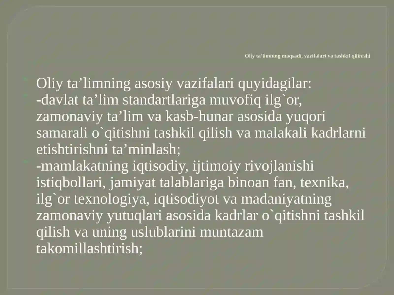 O`ZBEKISTON RESPUBLIKASIDA OLIY VA O`RTA MAXSUS TA’LIMINING SHAKLLANTIRILISHI 2