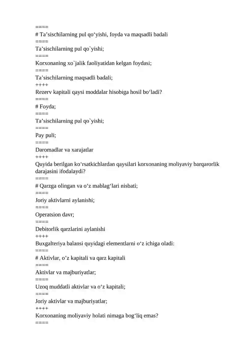 “MOLIYAVIY TAHLIL” FANIDAN TEST SAVOLLARI 2