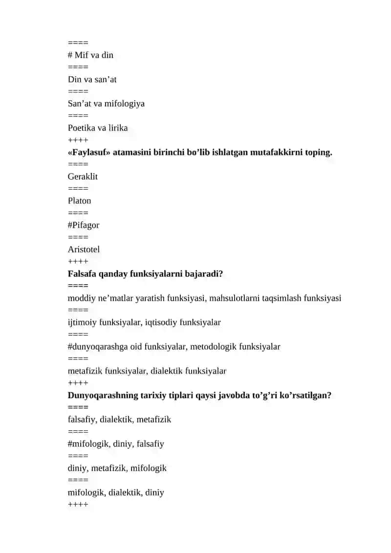 FALSAFA FANIDAN YAKUNIY TEST SOVOLLARI VA JAVOBLARI BILAN 2