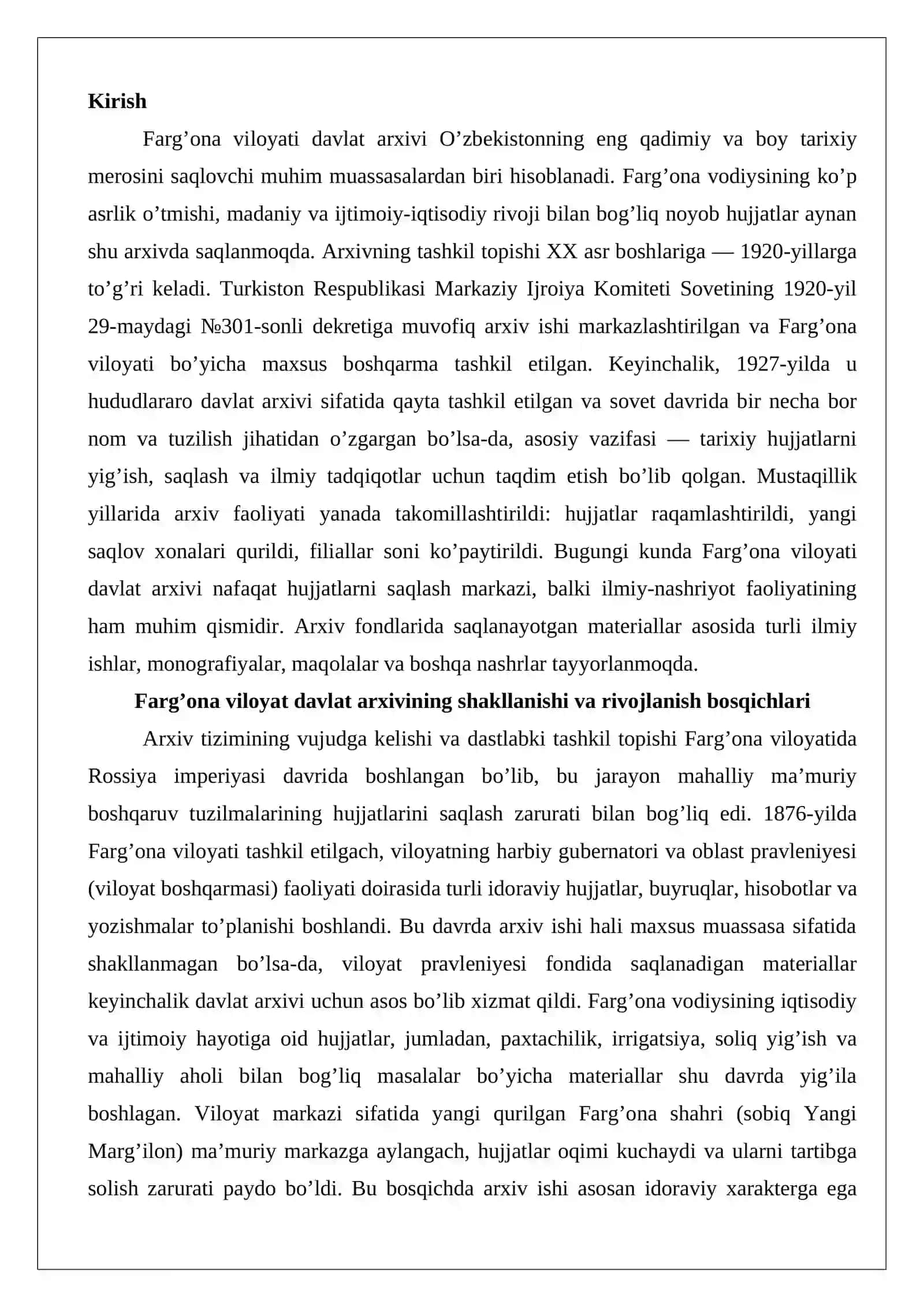 Farg’ona viloyat davlat arxivining noshirlik ishlari 2