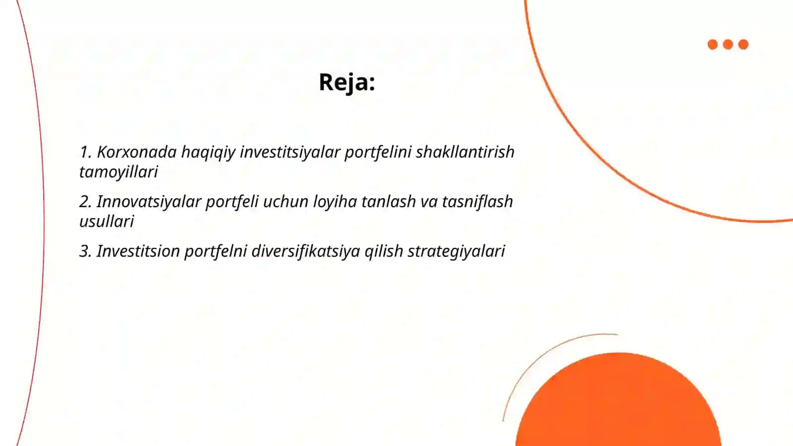Korxonalardagi haqiqiy investitsiyalar, yangiliklar va innovatsiyalar portfelining shakllanishi 2