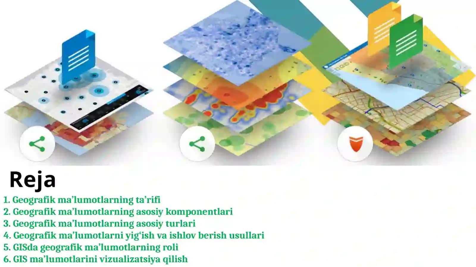 Bu darslikda geografik ma’lumotlar turlari, yig‘ish usullari, va GISda ularning roli haqida ma’lumot 2