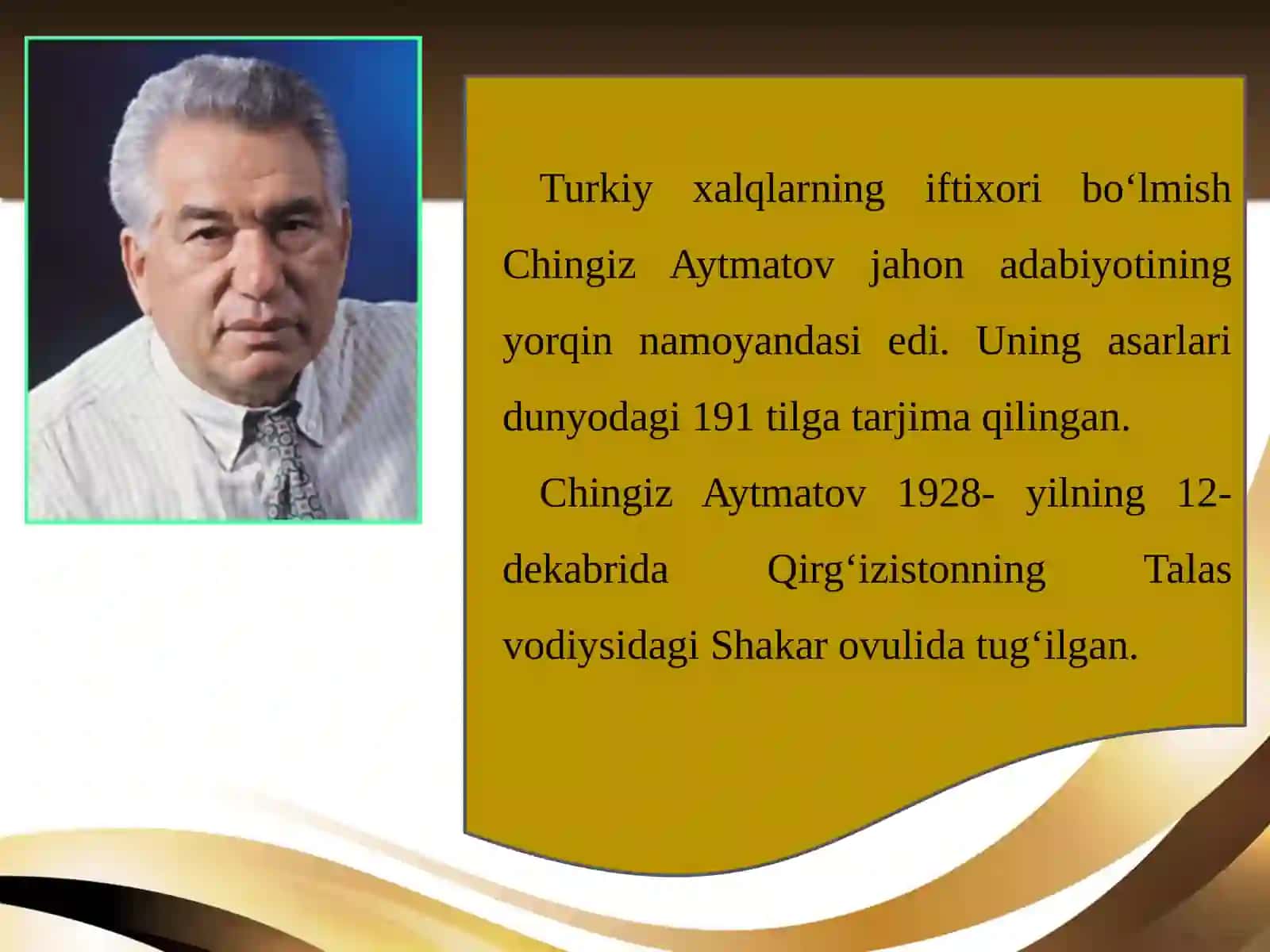 9-sinf Adabiyot fanidan Chingiz Aytmatov hayoti va ijodi dars ishlanma 2